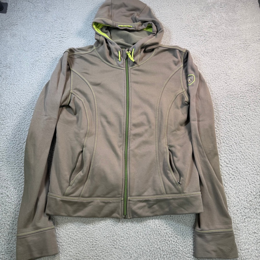 KUHL Womens XL Full Zip Fleece Lined Hoodie Brown Lime Green Contrast Stitching